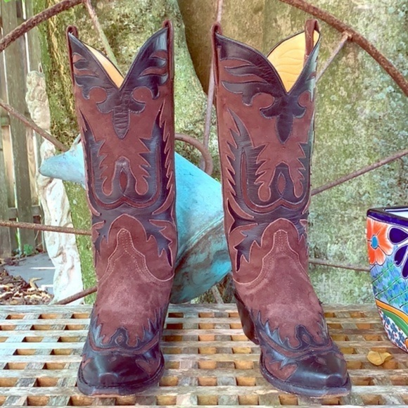 LUCCHESE Classics Handmade Vintage Tall Black Brown Leather Western Cowboy Boots - Picture 6 of 12